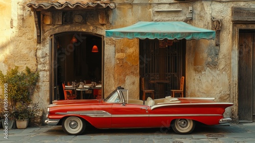 Fototapeta Naklejka Na Ścianę i Meble -  Classic vintage car parked on the street near a restaurant in italy s charming atmosphere
