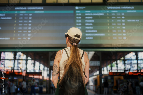 A tourist stands in front of an airport departure and arrival board