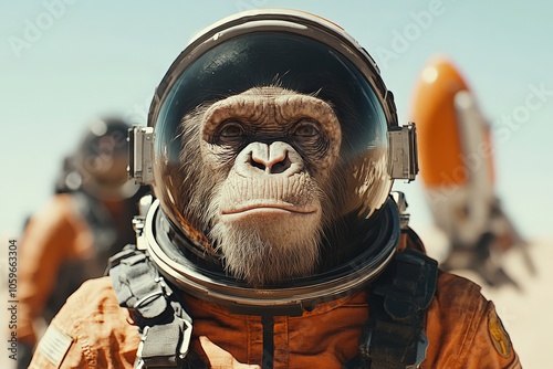 A chimpanzee wearing a space suit stands confidently on a planet, showcasing exploration and curiosity. The background reveals a landed rocket and dusty terrain. photo