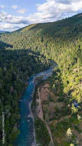 Aerial View of Serene River and Forest in El Bolsón, Patagonia