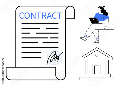 Digital contract with signature, woman using laptop, and bank building icon. Ideal for legal agreements, online transactions, banking, e-commerce, financial services, education, remote work. Line