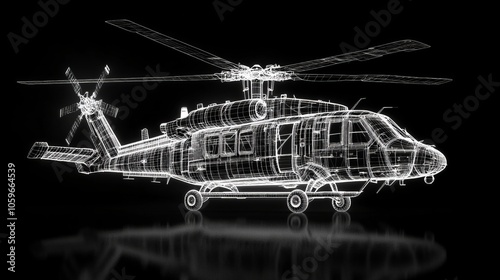 Detailed wireframe model of an army helicopter isolated on a black background for design purposes