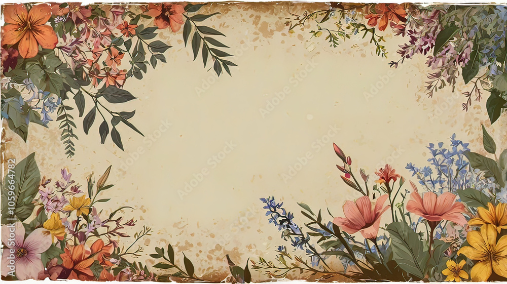 Fototapeta premium A header in the form of an empty diamond among flowers and plants. Vector illustration. banner for a site, banner for social networks, postcard, greeting