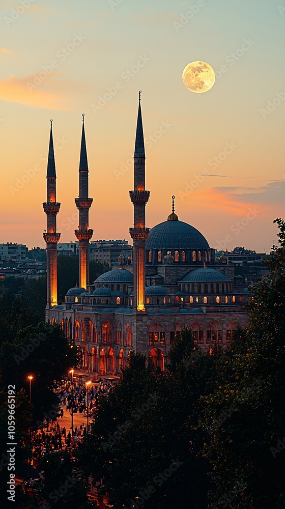 Fototapeta premium Illuminated Mosque Under Full Moon