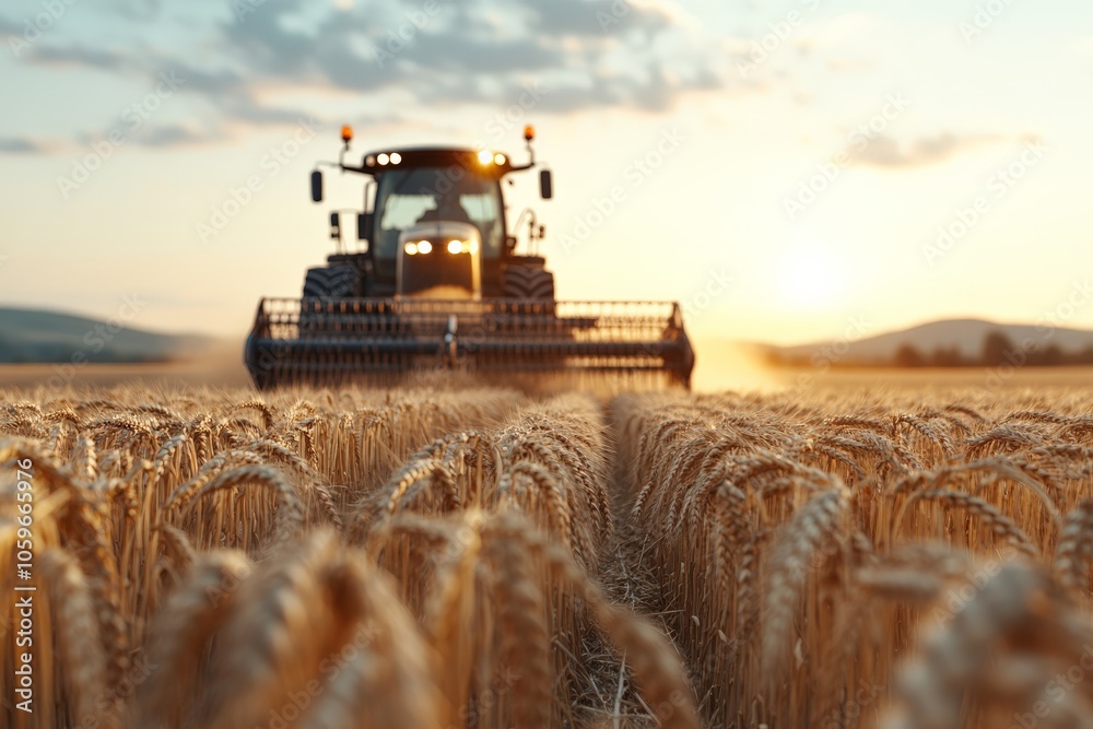 Fototapeta premium A tractor actively harvests golden wheat in expansive fields under a breathtaking sunset, symbolizing the bounty and hard work of agriculture in stunning visuals.