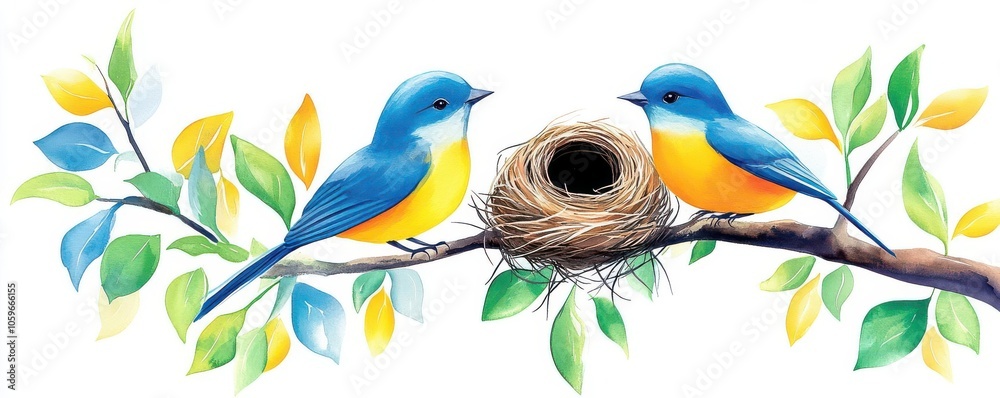 Fototapeta premium Birds nesting on a tree branch flat design side view springtime theme watercolor Triadic Color Scheme