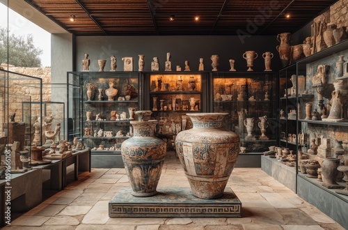 Ancient Greek vases on display in a historical museum exhibition photo