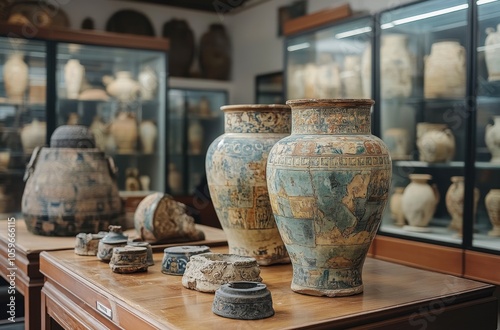 Ancient Greek vases on display in a historical museum exhibit photo