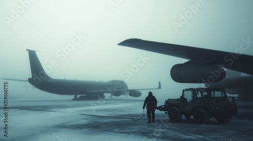 Military tanker and transport aircraft refueling fighter jets on a foggy winter day photo