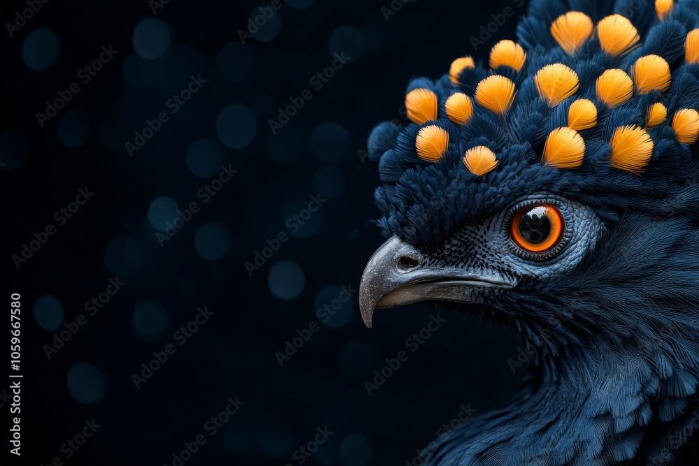 Obraz premium A striking blue bird is seen with a vibrant orange crown made of circular patterns set against a dark background, highlighting the contrast and unique plumage.