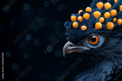 A striking blue bird is seen with a vibrant orange crown made of circular patterns set against a dark background, highlighting the contrast and unique plumage. photo