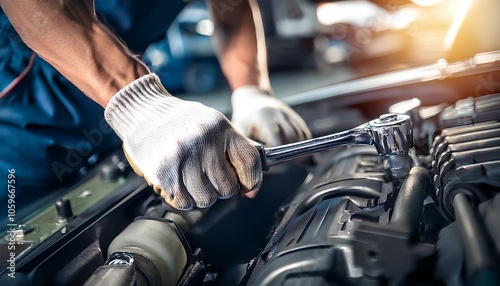 Car mechanic's hands repairing engine with a wrench in an auto repair shop.