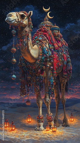 A Majestic Camel Adorned with Jewels Under a Starry Sky photo