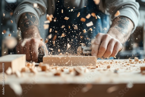 A tattooed craftsman skillfully carves a wooden plank using a hand plane tool, showcasing the detailed work of traditional woodworking in a workshop setting. photo