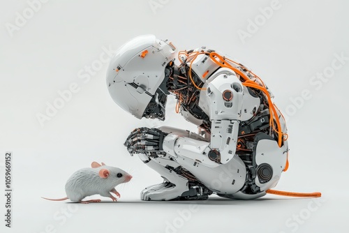 A futuristic scene showcasing a humanoid robot engaging gently with a curious white mouse, highlighting themes of technology and nature in harmony. photo