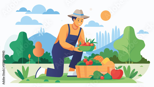 A farmer harvesting fresh vegetables and fruits in a vibrant, sunny landscape amidst mountains and greenery