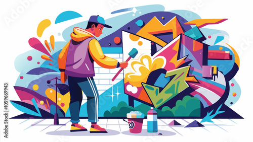 A street artist paints a vibrant mural on a wall in an urban setting, showcasing creativity and color during daylight hours