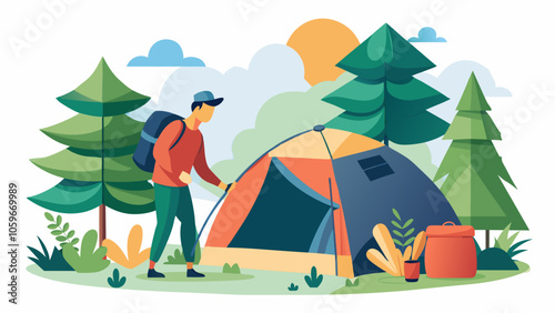 A person sets up a colorful camping tent surrounded by lush trees in a vibrant outdoor landscape during a sunny afternoon