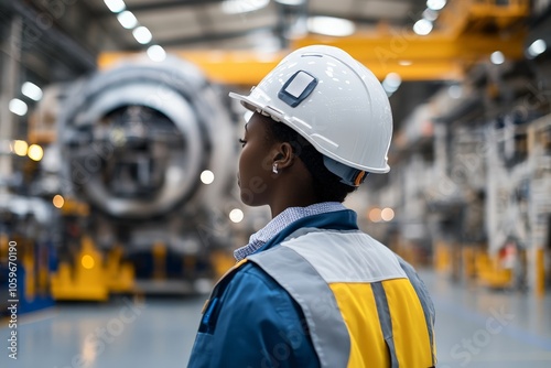 An engineer wearing a white hard hat and reflective safety gear inspects a large industrial machine in a busy manufacturing facility, exemplifying safety and diligence. photo