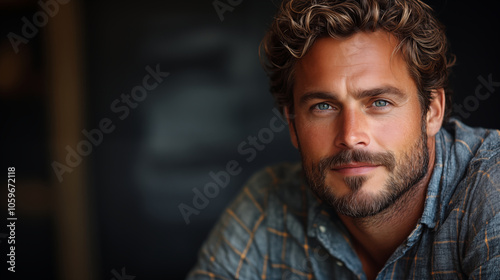 Portrait of mature man with beard and blue eyes looking at camera