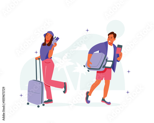 Vector happy couple enjoying their travel journey bring Suitcase