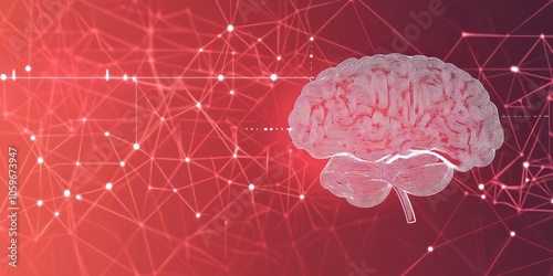 Abstract Brain Visualization with Red Network Connections - A Digital Representation of Cognitive Processes and Neural Connections.