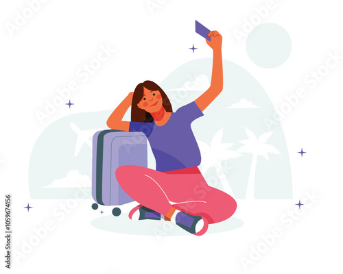 Vector of happy woman ready to travel bring suitcase photo