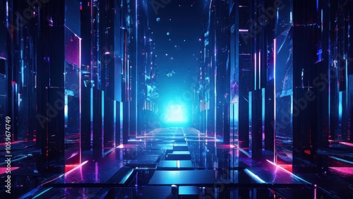 A futuristic digital corridor with glowing lights and reflective surfaces.