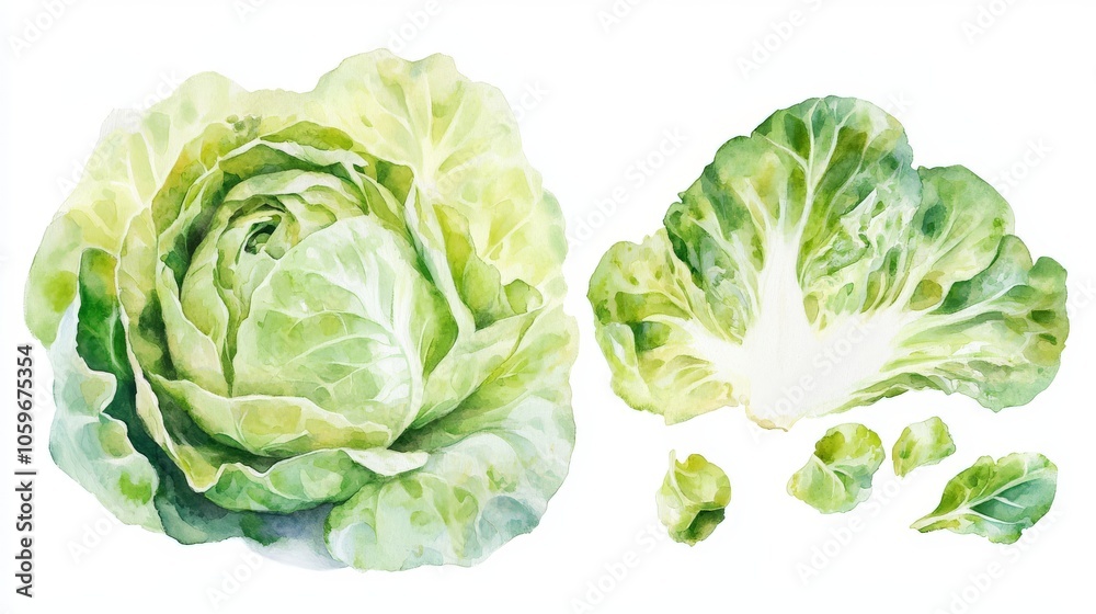 Fototapeta premium A vibrant watercolor artwork features a whole green cabbage alongside its cut sections, highlighting the intricate textures and shades of the vegetable