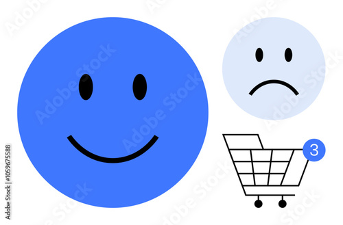 Large blue happy face and smaller light blue sad face next to a shopping cart with three notification icons. Ideal for digital shopping, consumer emotions, e-commerce, customer feedback, user