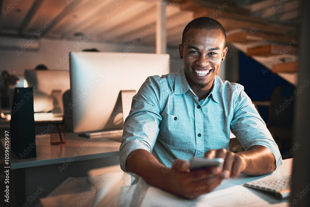 Night, mobile and black man in office for portrait, connectivity and excited for opportunity. Phone, smile or web designer at tech for creative project, market research or positive feedback in Brazil Night, mobile and black man in office for portrait, connectivity and excited for opportunity. Phone, smile or web designer at tech for creative project, market research or positive feedback in Brazil