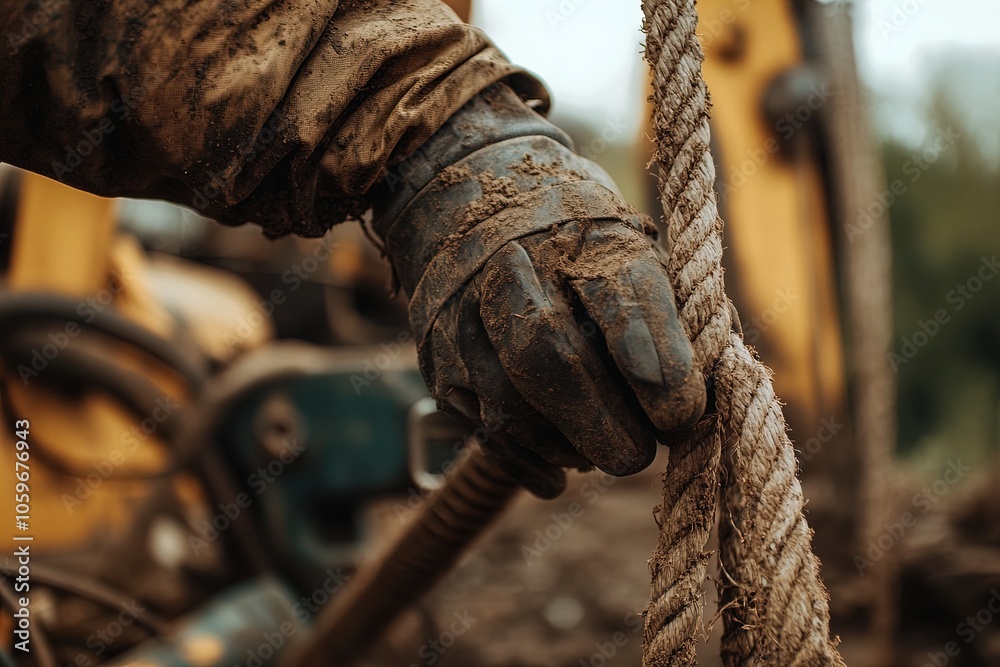 Obraz premium A Worker's Hand Grips a Sturdy Rope Amidst a Construction Site, Showcasing Teamwork and Labor During a Cloudy Day