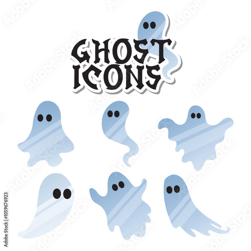 Set of cute blue ghost icons for Halloween, Vector