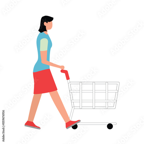 Simple flat style illustration of a young asian young woman pushing a shopping cart. Business and finance concept design