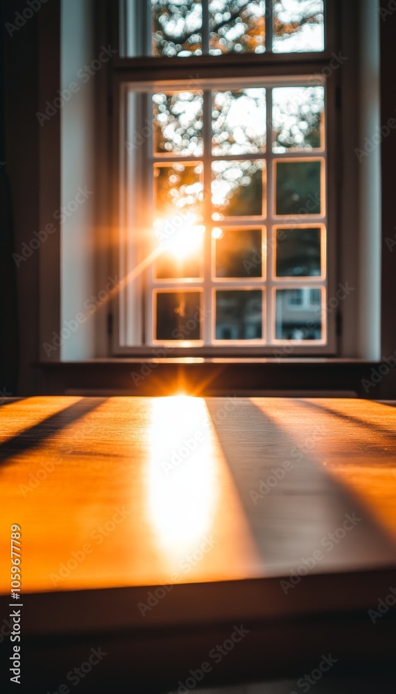 Fototapeta premium Sunlight streams through a window, casting long shadows on a wooden table.