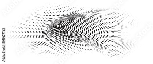 Flowing Wave Dot Halftone Pattern: Curve Gradient Shape on Transparent Background. Suitable for AI, Tech, Network, Digital, Science, and Technology Themes.