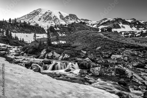 Myrtle Falls on Mt Rainier with leftover winter snow in the foreground in a black and white image photo