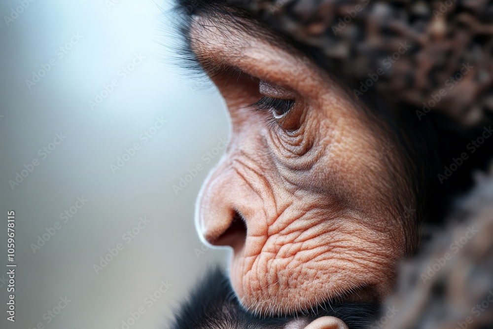 A striking side profile of a young monkey deep in reflection ...