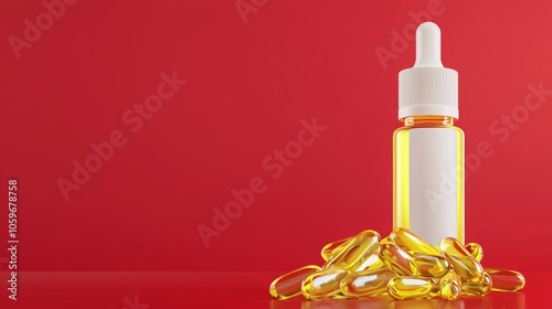 A bottle of liquid supplement capsules with a dropper sits on a red background, surrounded by yellow gel capsules. photo