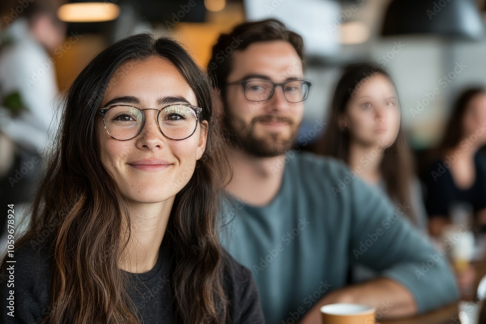 Obraz premium A smiling young woman with glasses sits with a group in a casual indoor setting, conveying social connection, warmth, and shared happiness among friends.