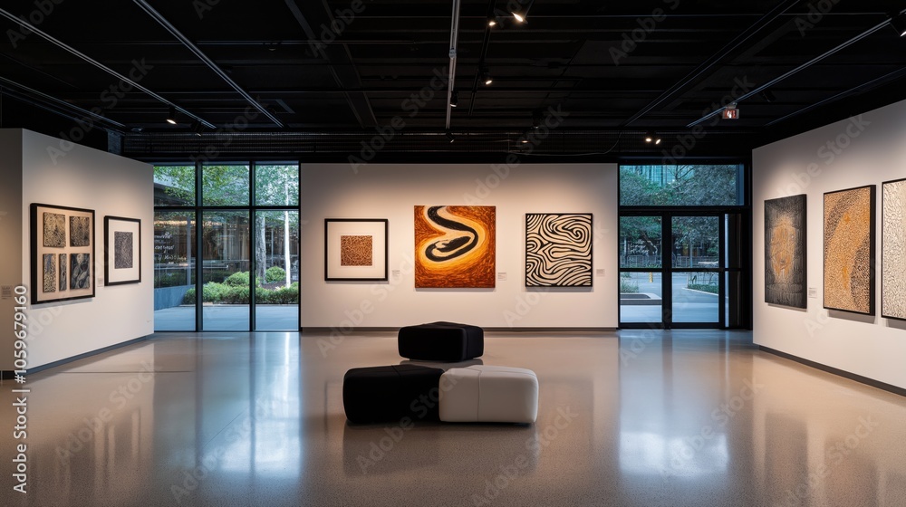 Interior of a contemporary art gallery with abstract paintings on white walls and modern seating, large windows with outdoor view.