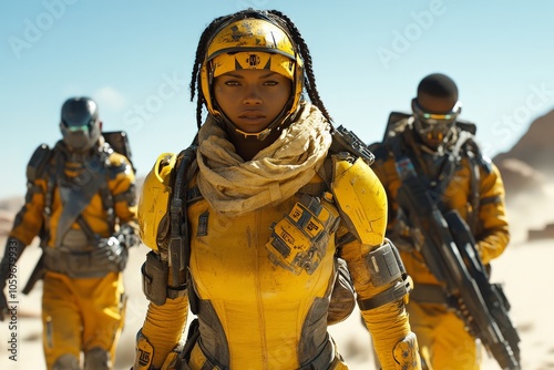 Three figures in high-tech yellow suits navigate a vast desert landscape, emphasizing technology and exploration, clad in armor and helmets for protection. photo