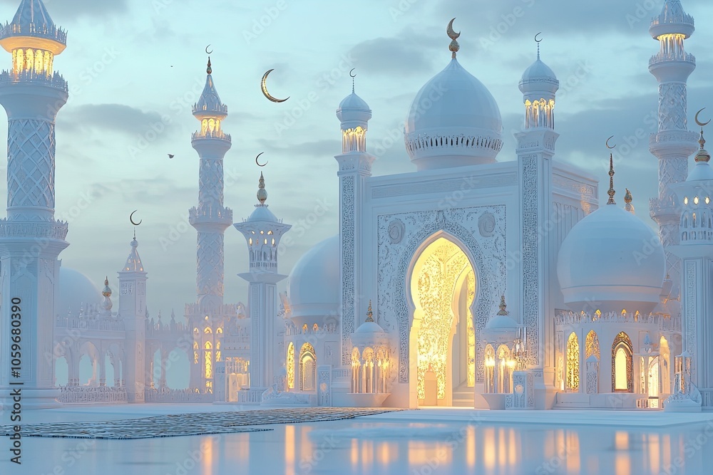 Obraz premium Majestic Mosque at Dusk With Intricate Architecture and Glowing Illumination Surrounded by Tranquil Waters and Crescent Moons