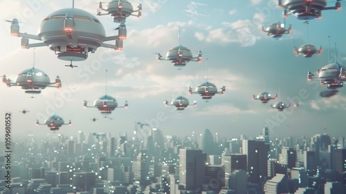 An army of drones takes to the skies diligently delivering packages to doorsteps across the city. photo