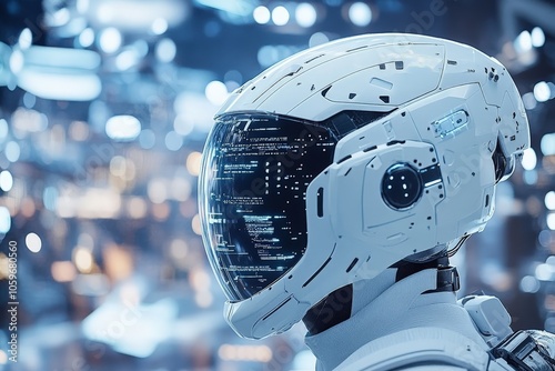 An advanced helmet with an intricate digital display, evoking themes of exploration and futuristic technology, emphasizing innovation and human advancement. photo