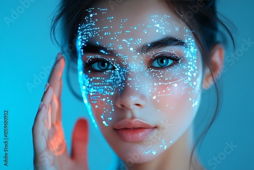 A woman's face adorned with glowing blue circuits shines against a futuristic setting, representing the harmonious relationship between technology and human expression. photo