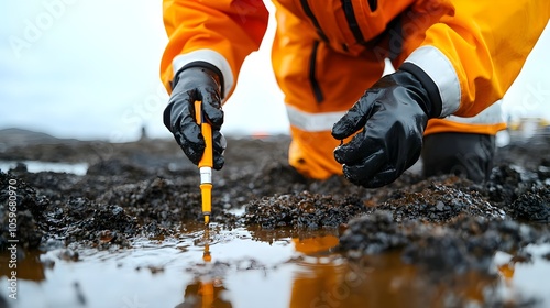 Engineer with lab equipment testing soil samples for pollution levels, oil spill site in blurred background, bioremediation techniques, environmental engineering photo