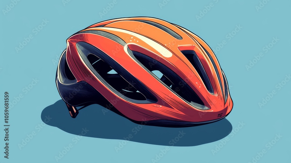 Fototapeta premium Red and orange bicycle helmet on a blue background.
