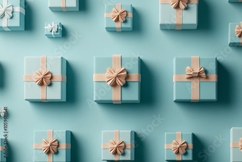 This image captures a collection of blue gift boxes, each decorated with beige ribbons, neatly arranged on the floor, conveying a sense of order and celebration. photo