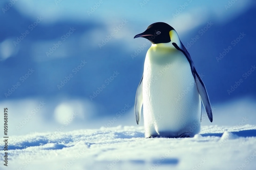 Obraz premium Majestic emperor penguin standing on snowy antarctic landscape. Penguin Awareness Day